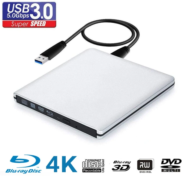  Ultra Slim External 4K UHD HD 3D Blu-ray Disc Player, USB  Type-A & Type-C USB-C 2-In-1 6X BD-R BD-RE DL BDXL 100GB DVD-R M-Disc  Burner Portable Optical Drive, for Windows 10