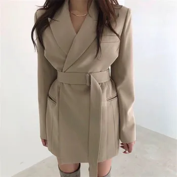 

Autumn Winter Women's Blazers Sashes Jackets Notched Outerwear Korea Style Solid Cardigan Tops Female Blazers Long Jackets