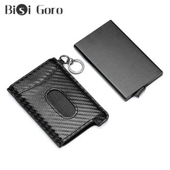 

BISI GORO Carbon Fiber RFID Credit Card Holder Anit-theft Wallet Card for Men And Women Auto Pop-up Card Case Leather ID Holder