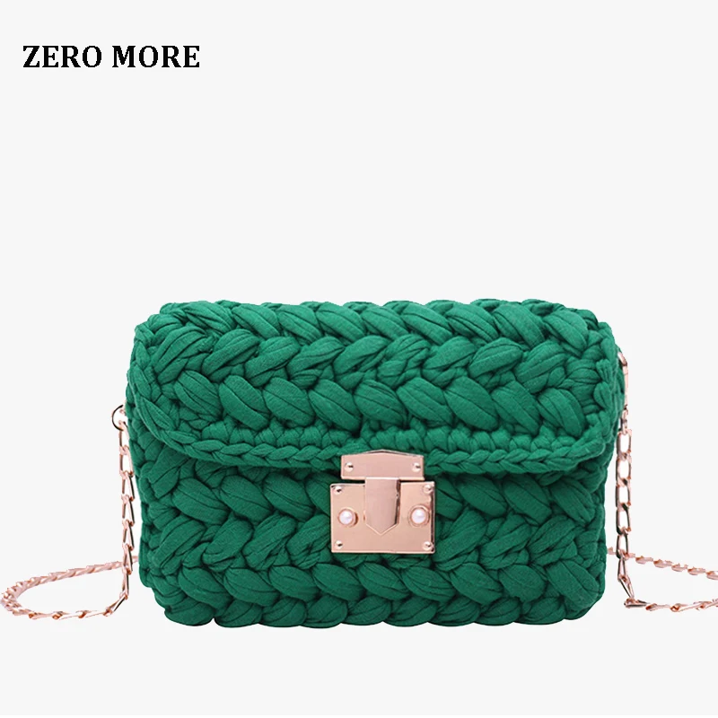 

ZERO MORE New Fashion Hot INS Woven Knitting Handbag Women Flaps Messenger Bag Cotton Fabric Handmade Plait Cover Shoulder Bag