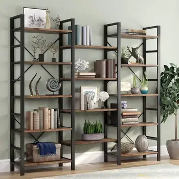 

Triple Wide 5-Shelf Bookcase, Etagere Large Open Bookshelf Vintage Industrial Style Shelves Wood and Metal bookcases Furniture