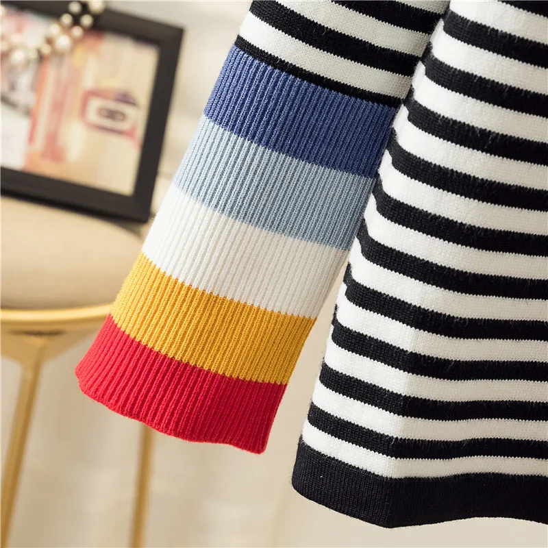 RUGOD Casual stripe patchwork knitted tops women Korean chic turtleneck knitted pullovers female new auturm oversized top