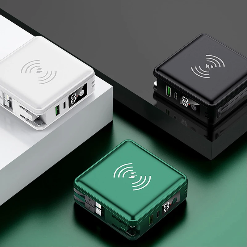5 в 1 Qi Беспроводное зарядное устройство Power Bank 15000 мАч встроенный кабель