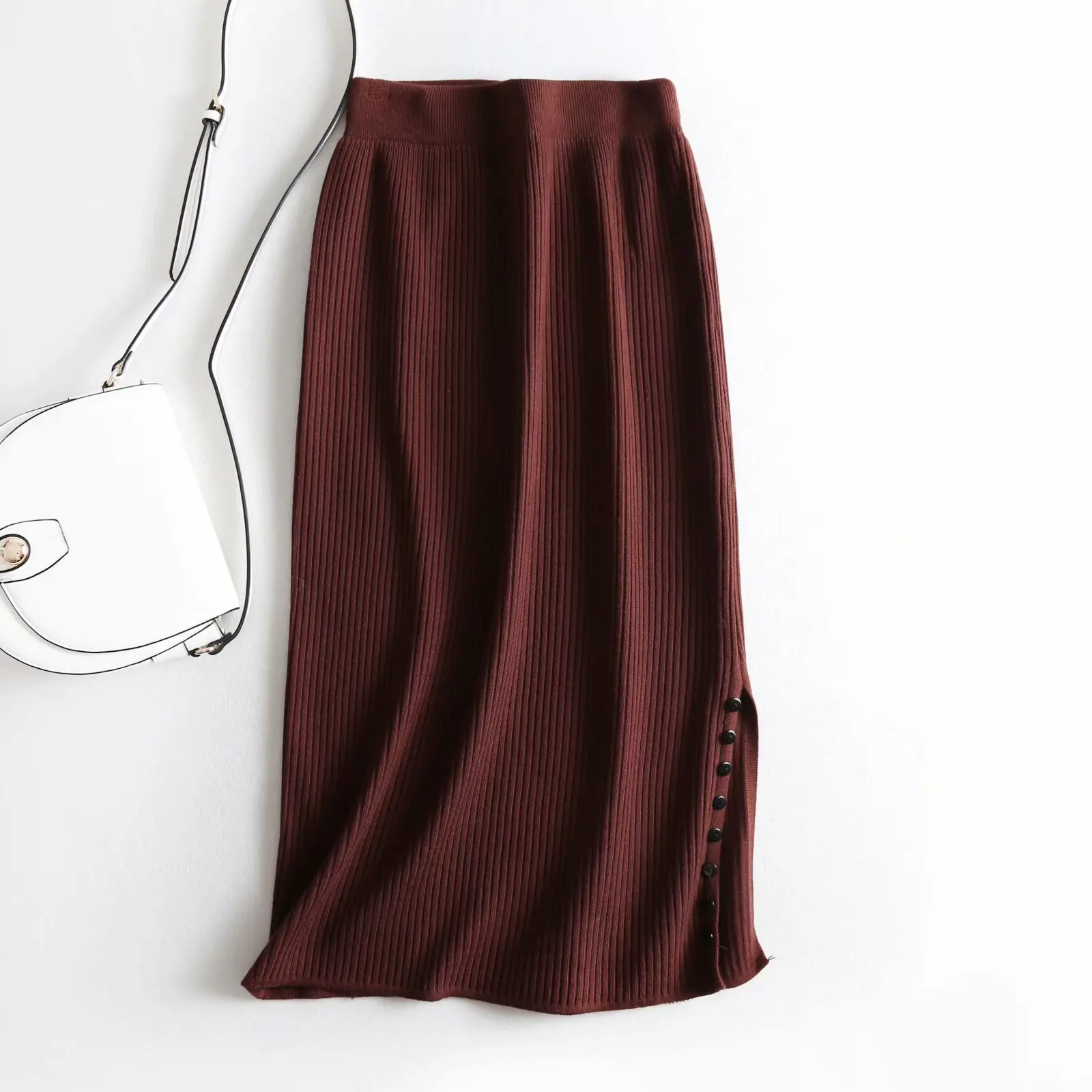 

N2102-c103 Trend WOMEN'S Dress Batch Double Color High-waisted Versatile Knit Slit Hemline at Hem Step Half-length Medium-length
