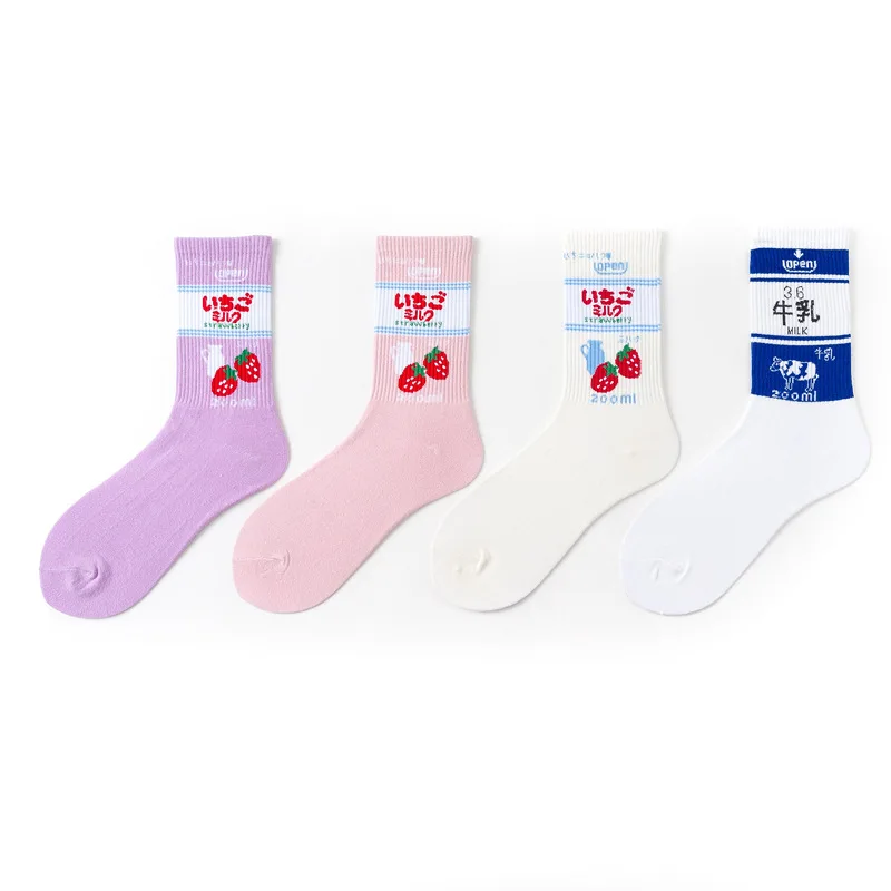 

Japanese Kawaii Women's Socks Animals Cartoon Tube Cute calf Strawberry Cotton Long Socks Female and Ladies Pink Milk White Sox
