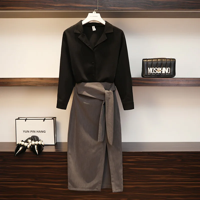 

Spring Autumn Women Elegant Two Piece Set Solid Button Shirt Tops And Lace Up Split Long Skirt Party Set Office Ladies Slim Suit
