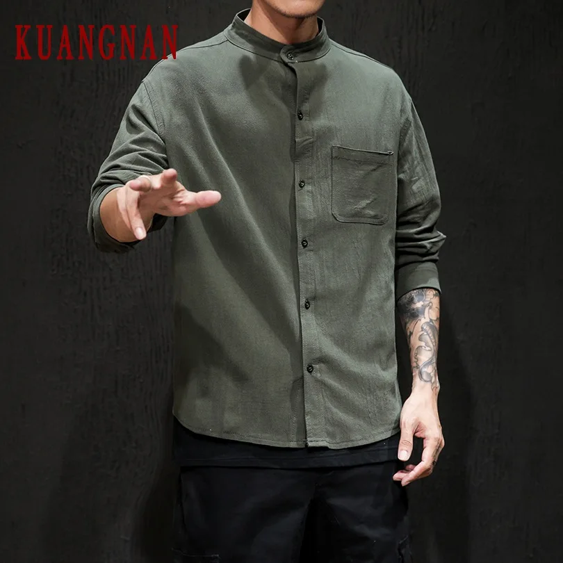 Army Green KUANGNAN белая рубашка с длинными рукавами Мужская Уличная рубашка блуза с длинными рукавами мужские рубашки в стиле кэжуал хип хоп 5XL Осень новинка - Цвет: Army Green