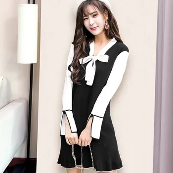 

Women Dress Fake Two-piece Mini Dresses Bow Lace-Up Solid Color Vestidos Female Autumn Long-Sleeve Loose Dress