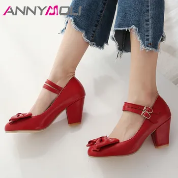 

ANNYMOLI High Heels Women Pumps Sweet Bow Block High Heel Wedding Shoes Buckle Round Toe Mary Janes Shoes Ladies Red Big Size 46