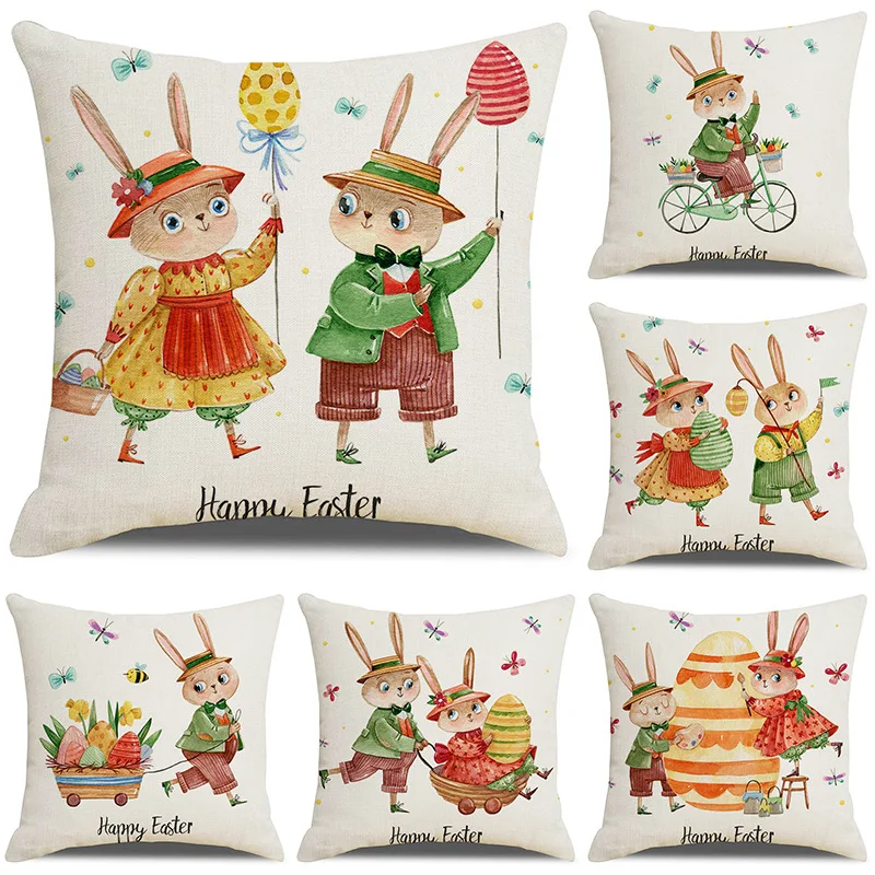 

Happy Easter Sunday Home Decor Cushion Cover 45cm Pillowcase Egg Hunt Bunny Easter Hare Printed Pillow Covers Linen Cushion Case