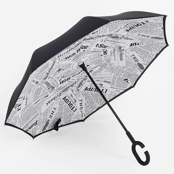 

Women's Rain Umbrella C Handle Windproof Reverse Folding Double Layer Inverted Car Umbrella Self Stand Upside Down