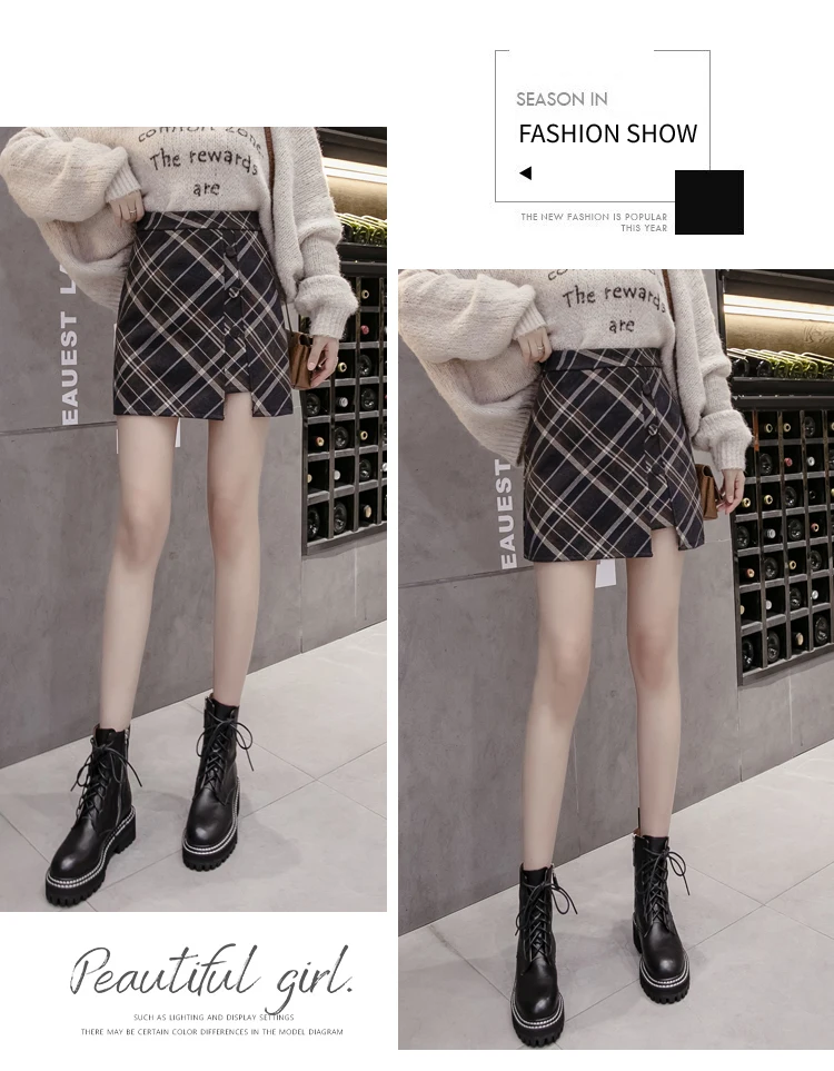 Faldas mujer moda трапециевидная клетчатая юбка с завышенной талией и пуговицами, юбка миди, Корейская черная юбка на молнии, юбки для женщин 7625 50
