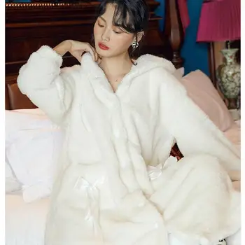 

Winter Fashion Sweet Sexy Plus Velvet Women Sleepwear Long-sleeve Cardigan Button Solid Loose Bow Warm Hooded Home Night Robe