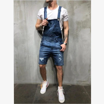 

2020 High Quality Men's Ripped Jeans Jumpsuits Shorts Hi Street Distressed Denim Bib Overalls For Man Suspender Short Pants 3XL