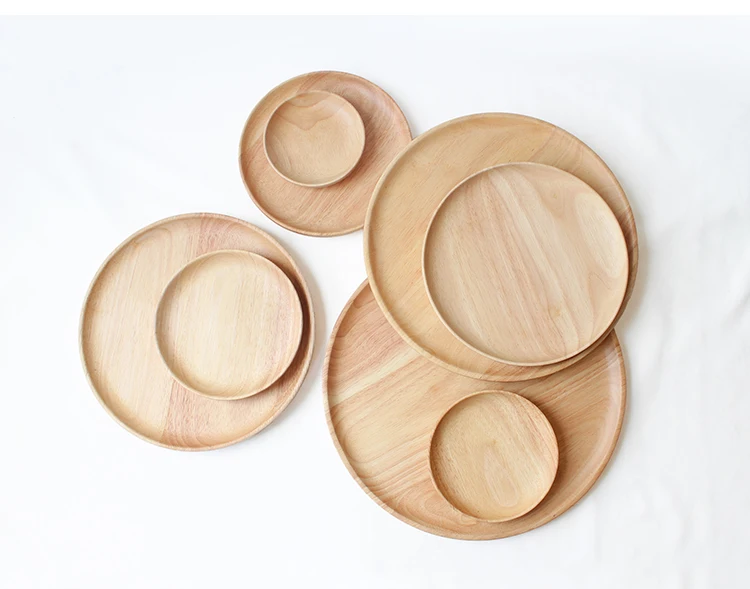 Rubber Wood Round Japanese Dinner Plate Rectangle Serving Tray Beef Steak Fruit Snack Tray Restaurant Food Cutlery Storage Plate