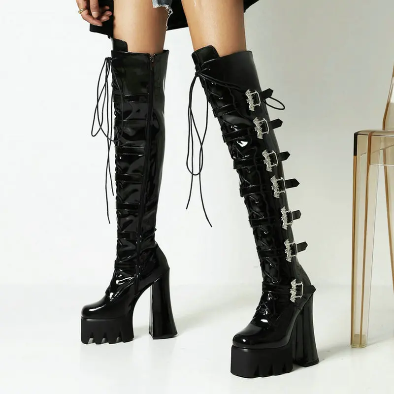 

Punk Style Platform Women Boots Square High Heel Over The Knee Boots Patent Leather Zipper Ladies Motorcycle Boots Autumn Winter