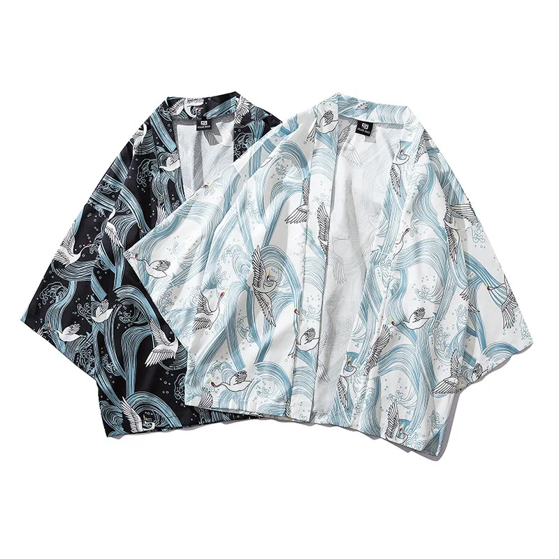Bebovisi японский стиль с принтом кота тонкое кимоно мужская Японская уличная одежда синие куртки повседневная верхняя одежда