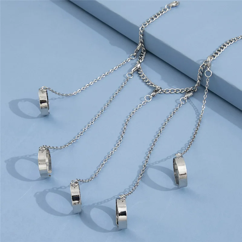 Punk Geometric Silver Color Chain Wrist Bracelet For Women Men Ring Charm Set Couple Jewelry Gifts
