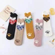 1 пара плотных коралловых бархатных женских носков с милыми героями мультфильмов модные домашние носки-тапочки с ушками кролика и лося теплые носки для сна на осень и зиму