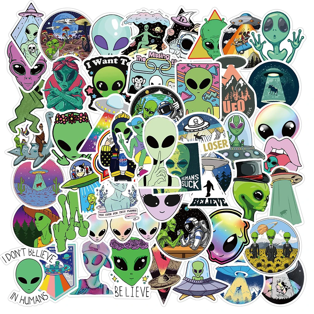 10/30/50PCS Outer Space Alien UFO Stickers Car Motorcycle Travel Luggage Guitar Fridge Laptop Cool Sticker Kid Toy Gift Decal xfkm 50pcs lot ni80 ss316 staple half staggered fused clapton volcan wires alien hoffa juggernaut heating resistance mtl coil