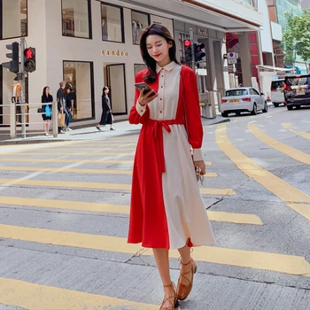 

Women Long Sleeve Shirt Dress Elegant Fashion Ladies Casual Dresses Contrast Color Splice Drawstring Waist Dress Spring Autumn