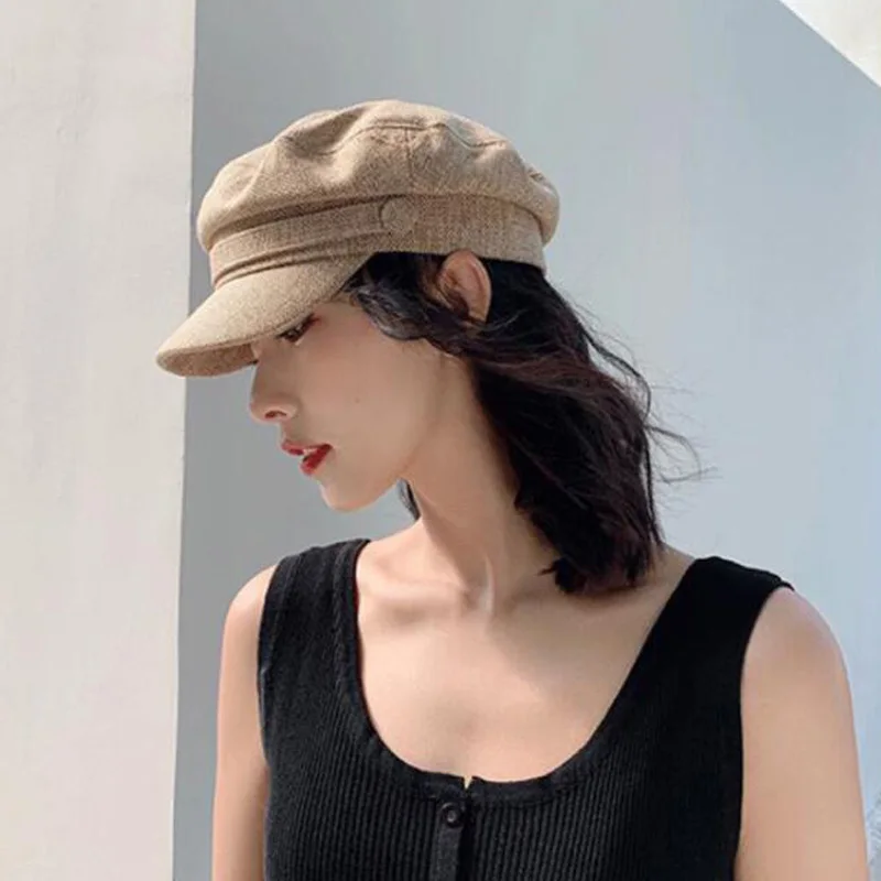 New octagonal cap woman small fragrance flat top navy newspaper bean hat girl cap plaid British retro hipster beret