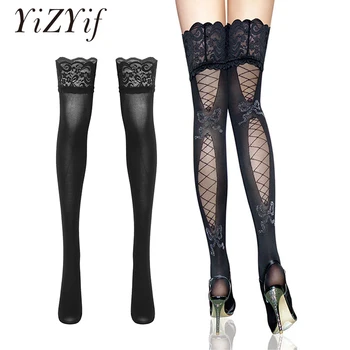 

1 Pair Women Mesh Thigh High Stocking Pantyhose Lace Top Stockings Non-slip Silicone Band Over-the-knee Long Stockings Nightclub