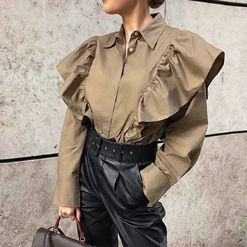 

Women Ruffle Patchwork Khaki Shirt Autumn Long Sleeve Single Breasted Shirts Female 2020 Casual Loose Elegant Office Ladies Tops