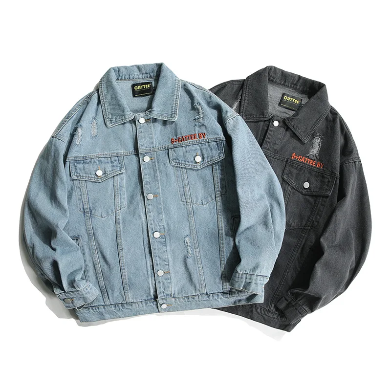 

City Where the Product 2019 Autumn Clothing New Style Two-color Cowboy with Holes Coat Lettered Embroidered Classic Style MEN'S