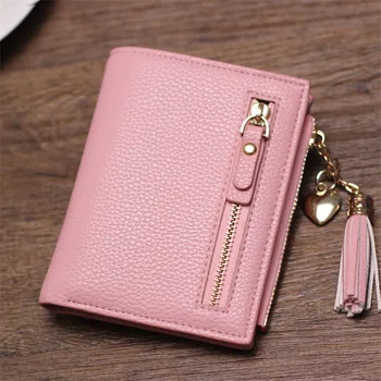 

small tassel women wallet luxury brand short design leather double zipp two fold female purse with heart chain card holder