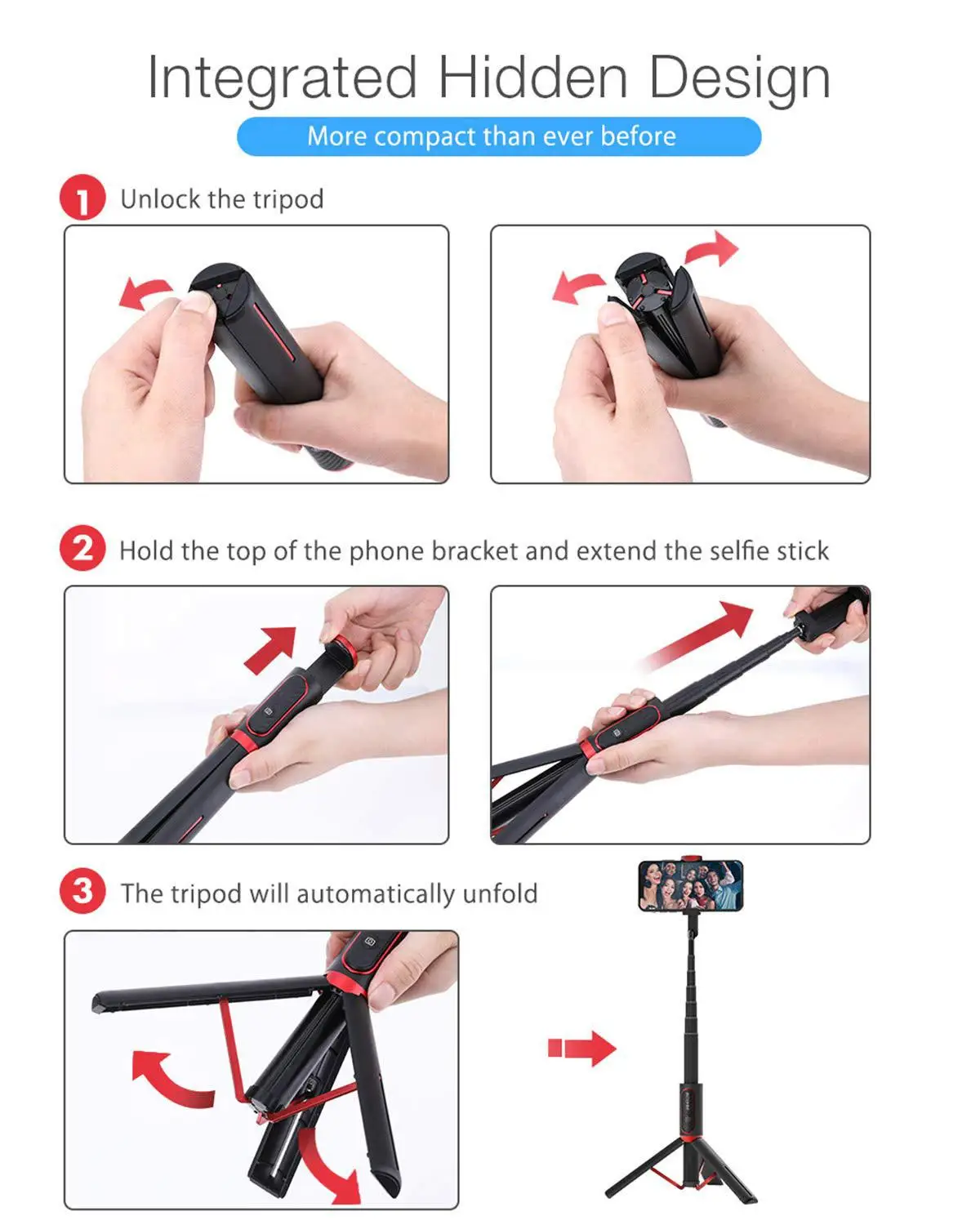 Селфи палка Bluetooth, легкий алюминиевый все в одном Выдвижная селфи палка штатив с беспроводным пультом дистанционного управления для смартфона
