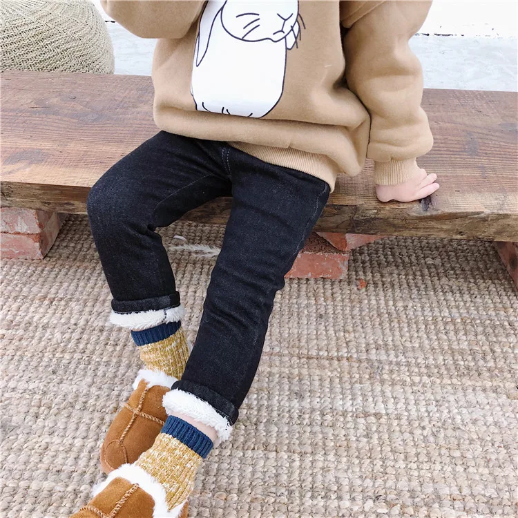 You gato negro mi Winter New Style Men And Women Children Korean-style Cowboy Elasticity Brushed And Thick Skinny Pants Cra