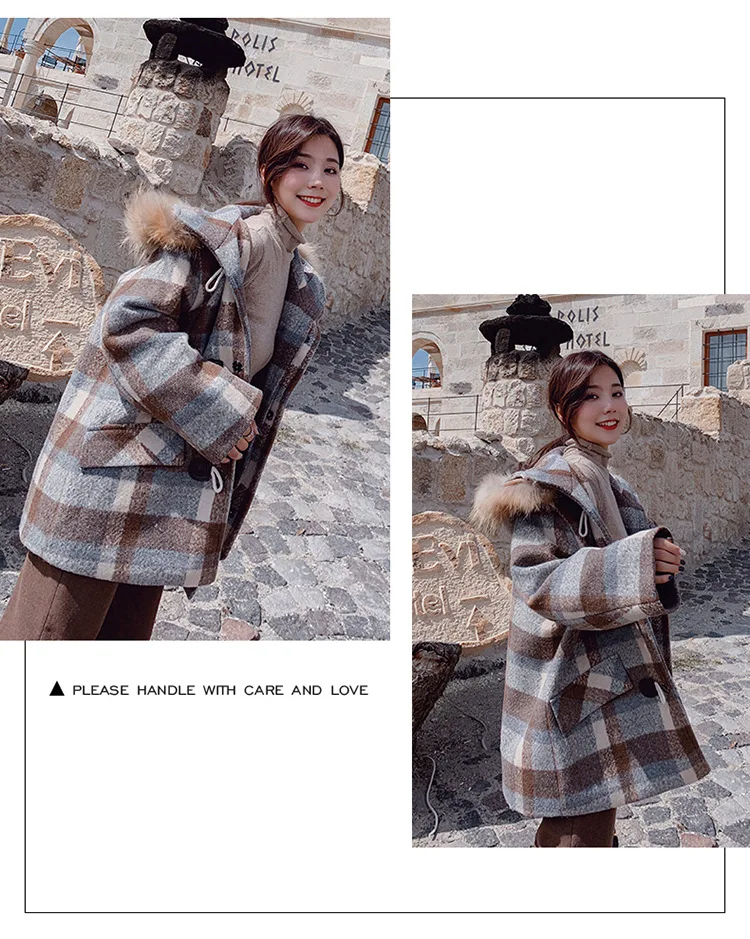 Для фотосессии шикарное Ретро классическое клетчатое шерстяное пальто средней длины с капюшоном и большим меховым воротником