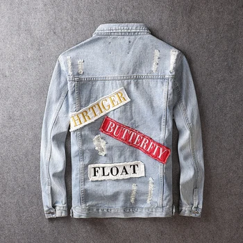 

European American Streetwear Men Jeans Retro Light Blue Fashion Denim Jacket Men Patchwork Designer Hip Hop Bomber Jacket Hombre