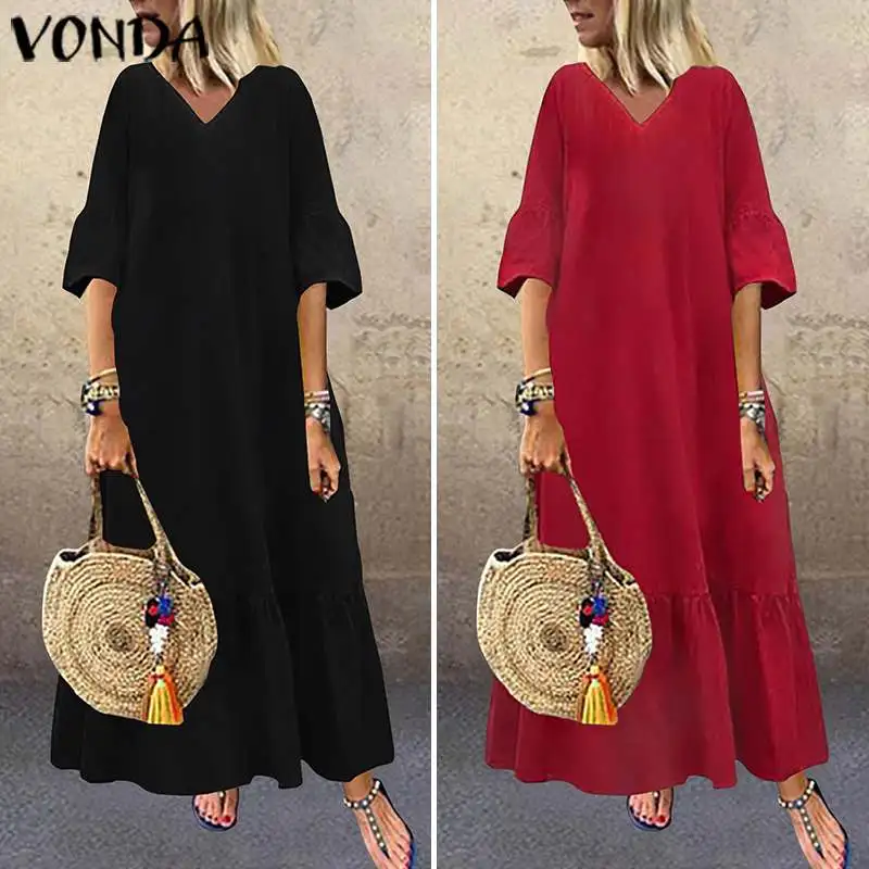 VONDA, женское осеннее длинное платье макси, модные женские туники с расклешенными рукавами, платье-рубашка, вечерние платья размера плюс, женское платье