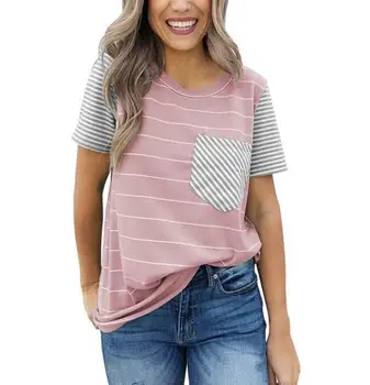 

Hot 2020 Summer New Women's Spring Short-Sleeved Striped Pocket Stitching T-shirt