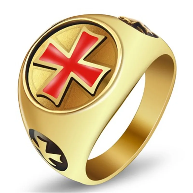 New Punk Gold Color 316L Stainless Steel Rings Retro Iron Knights Templar Ring Men Red Enamel Cross For Man Gifts Jewelry | Украшения и
