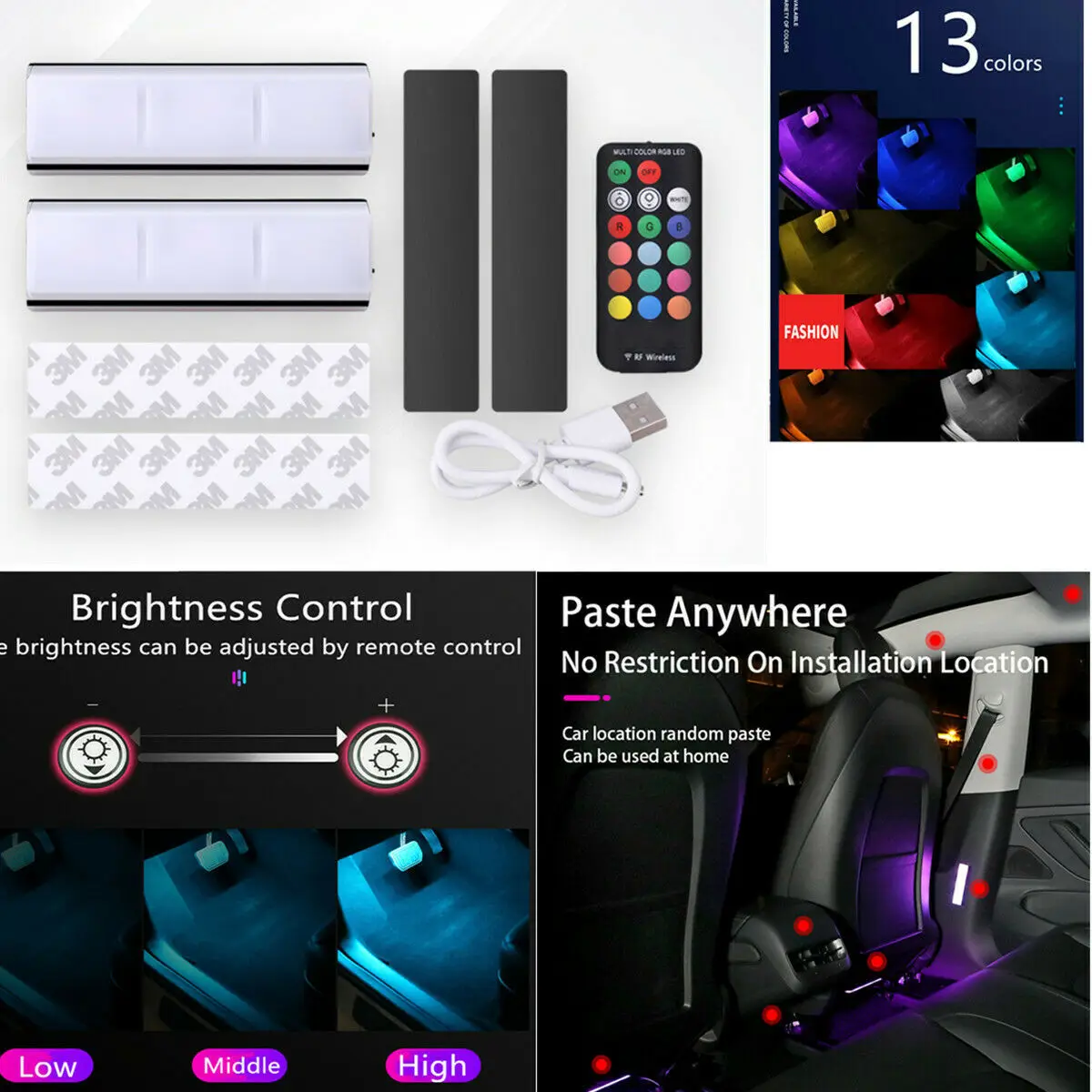 2022 New Wireless RGB Car Interior LED Light Vehicle-mounted Wiring-free Colorful Gradient Sole Decorative Light USB Charging car interior light strip charging portable rgb auto atmosphere led usb wireless remote music control decorative lamp led strip