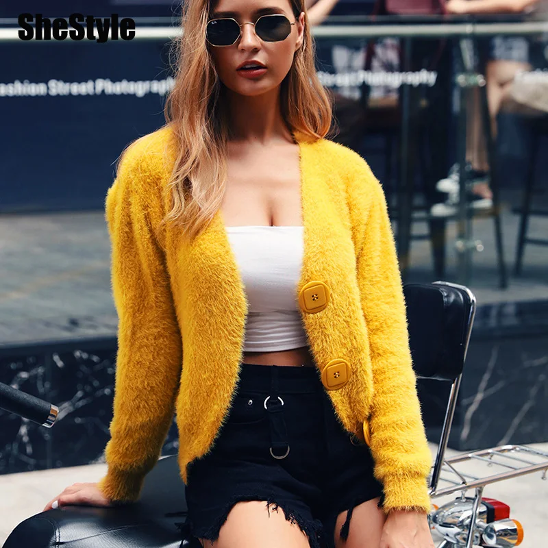 

Shestyle Furry Faux Fur Fluffy Cardigans Women 2019 Autumn V Neck Button Up Short Coat Jacket Female Casual Soft Outwear