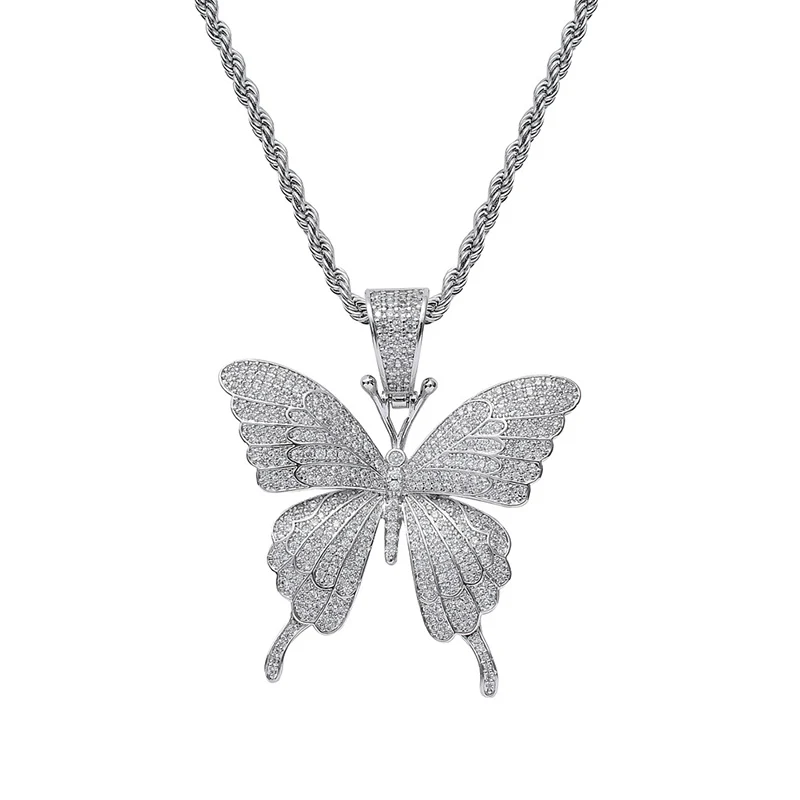 silver white cz AAA+ розовый кубический цирконий проложили Bling Ice Out розовое золото бабочка подвески ожерелья для мужчин женщин хип хоп рэппер ювелирные изделия - Окраска металла: silver white cz