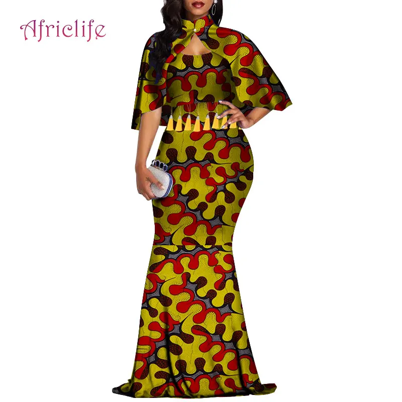 Дашики Африканский принт одежда для женщин длинное платье и накидка 2 шт. хлопок Базен Riche батик модная Дамская одежда WY4394 - Color: 14