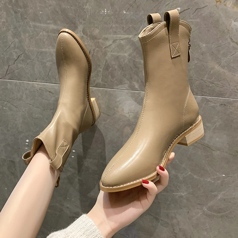 comemore British Style Pointed Toe Back Zipper Low heeled Chelsea Boots  Beige Autumn Winter 2021 Soft Flat Ankle Boot New|Ankle Boots| - AliExpress
