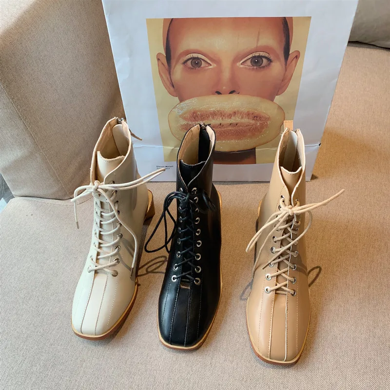 

Shoes Women's Rubber Boots Chunky Heel Round Toe Luxury Designer Lace Up Bootee Woman 2019 Booties Ladies Rain Rock Winter