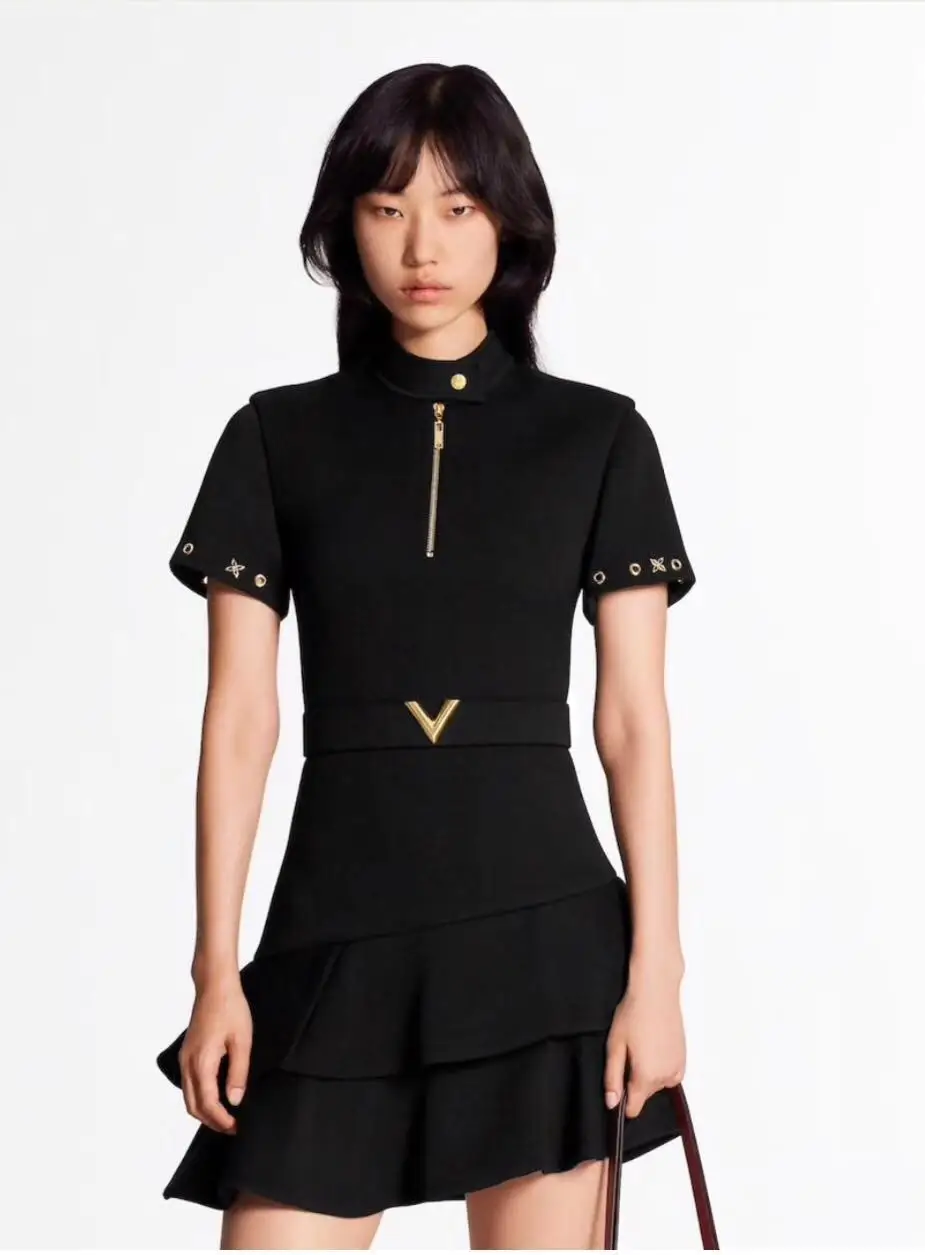 

High Quality Runway Designer Dresses Women New 2020 Spring Elegant Short Sleeve Belt Gold Buttons Mini Ruffled Black Dress