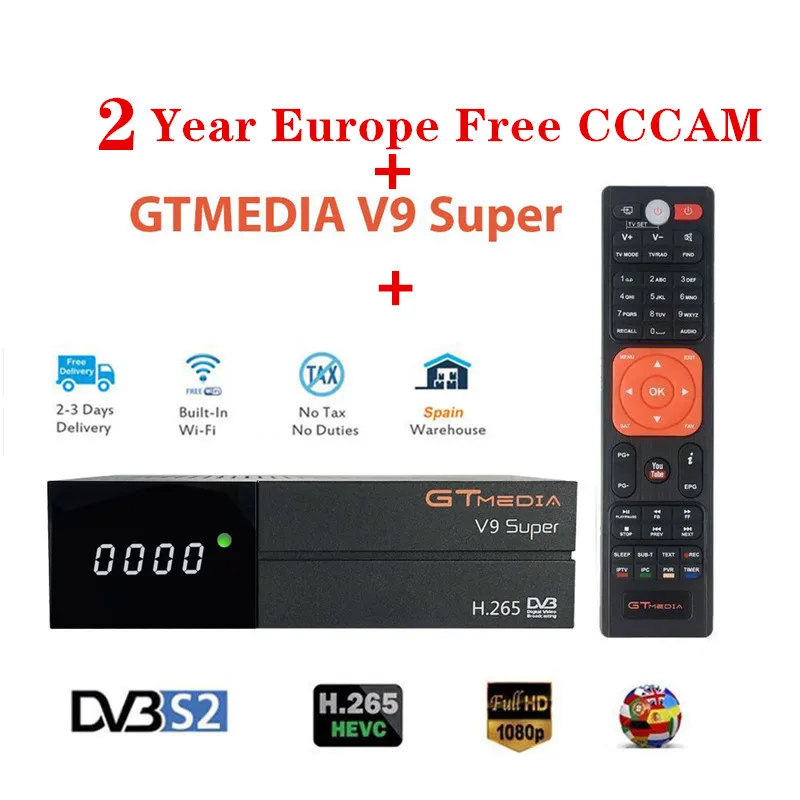 Box With 2year cccam GTMedia V9 супер-цифра спутниковый телевизионный ресивер Встроенный Wi-Fi с 3 года Испания Европа Cccam цлайн Full HD DVB-S2/S Freesat V9 супер приемное устройство - Цвет: Box With 2year cccam