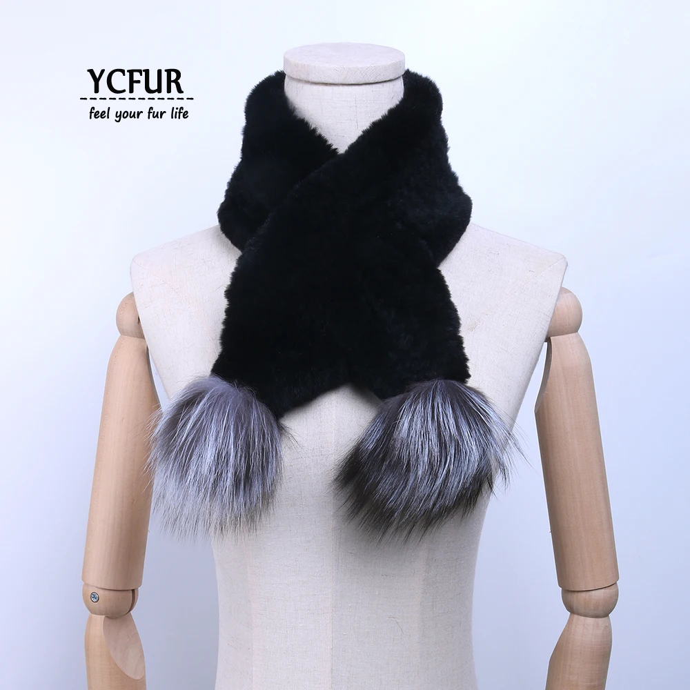 YCFUR женские шарфы из натурального меха, вязаный шарф из меха кролика рекс с серебряными помпоны из лисьего меха, короткий шарф шейный платок для женщин