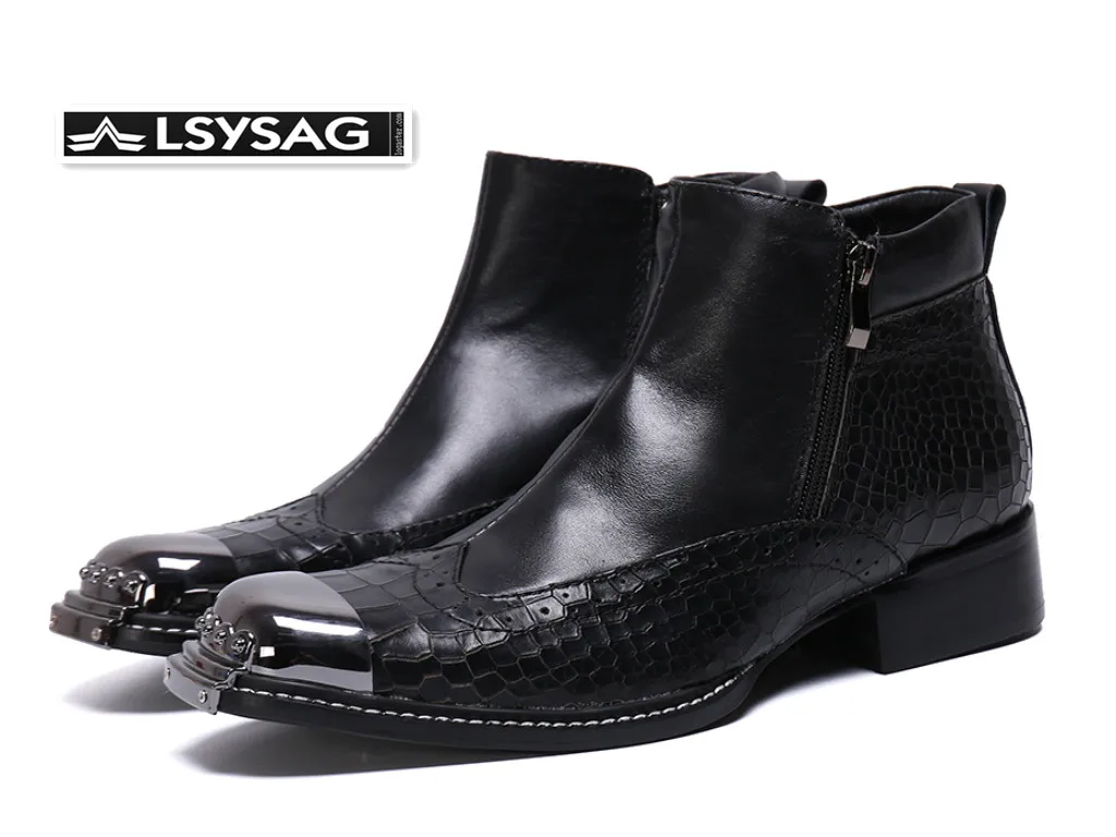 High Quality Square Toe Men Party Boots Real Leather Ankle Boots Men Zip Motorcycle Boots Big Size Business Shoes