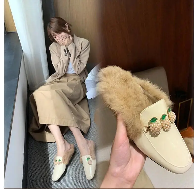 Womens Real Rabbit Fur Backless Pineapple Pearls Leather Slipper Mule Slide Princetown Shoes Square Toe Mules Warm