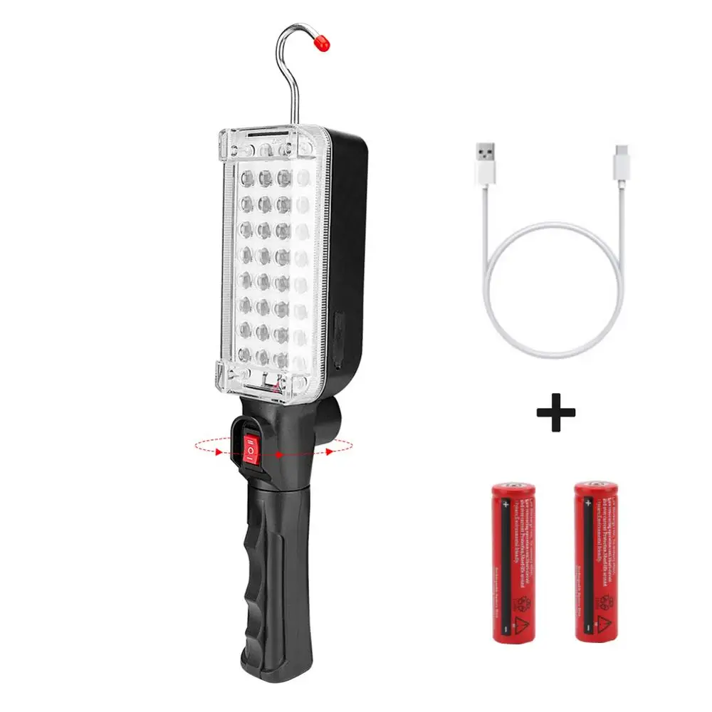 With Battery 34 SMD светодиодный фонарь для работы, вращение на 360 °, Рабочий фонарь для ремонта автомобиля, работающий на 18650, фонарь на магните, крючок, палатка, кемпинговый фонарь - Испускаемый цвет: With Battery