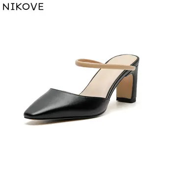 

NIKOVE 2020 Summer Sandals Women Pumps Shoes Leather+PU Slingback Square High Heel Solid Casual Fashion Shoes Size 34-40